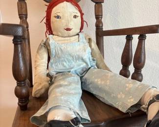 Old Solid Oak Childs Rocking Chair With Vintage Cloth Doll