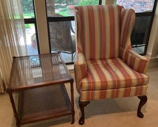 Drexel Wingback Chair & Baker Table with Cane  and Glass Top