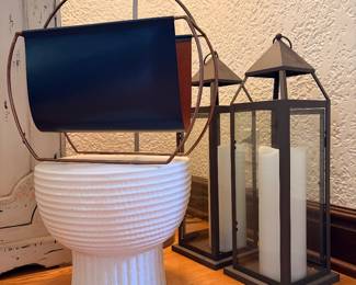 Leather + metal Magazine rack, ceramic stand + lanterns