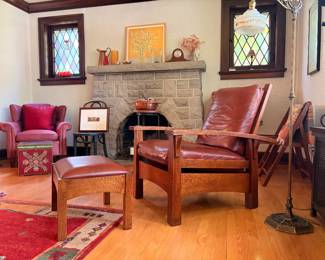 Stickley Mission oak Arts and Crafts Bow Arm Reclining Morris Chair + Ottoman