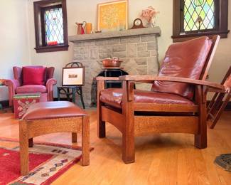 Stickley Mission oak Arts and Crafts Bow Arm Reclining Morris Chair + Ottoman