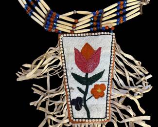 Antique Native American Beaded Floral Bag and Native American Choker with Bone Hair Pipe Beads