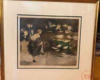 Antique Colored Etching "Mayhem in the Courtroom" by GASTON HOFFMAN