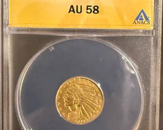 1911 D GOLD Indian $2.50 Graded Coin (AU 58)