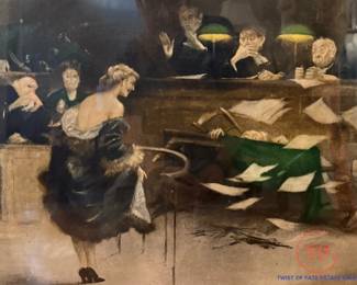 Antique Colored Etching "Mayhem in the Courtroom" by GASTON HOFFMAN