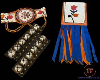 Native American Beaded Hair Ornament, Floral Beaded Pouch, and Ornamental Horse Harness Bells