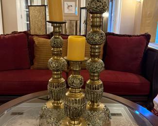 Brass Pillar Candle Holders with Filigree Design