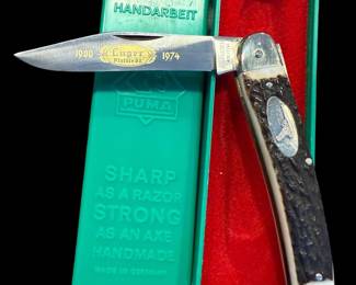 1974 PUMA Germany A.G. Russell Luger Pistole Stag Knife with Original Case