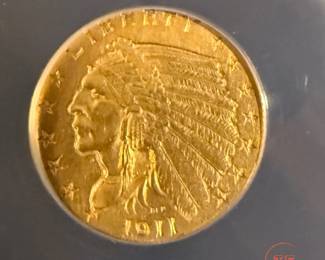 1911 D GOLD Indian $2.50 Graded Coin (AU 58)
