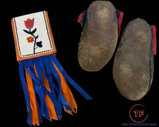 Antique Eastern Woodlands Moccasins and Native American Beaded Plateau Flat Bag
