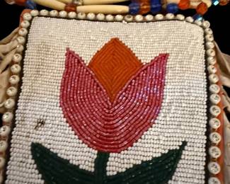 Antique Native American Beaded Floral Bag and Native American Choker with Bone Hair Pipe Beads