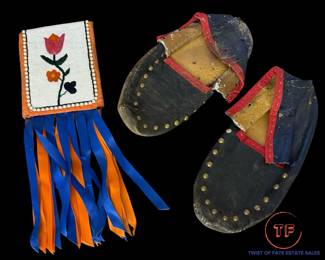 Antique Eastern Woodlands Moccasins and Native American Beaded Plateau Flat Bag