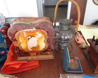 Celluloid dresser box, Antique Northern Pacific Railroad lantern, 1966 Stacy twist & turn doll