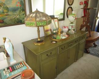 Antique painted dresser, antique slag glass lamp, art
