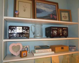 Vintage Chinese jewelry boxes, frames, coffee table books