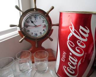 Vintage coca-cola wastebasket, vintage clock