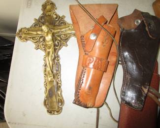 2 vintage knife sheath's, large crusifix