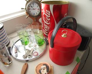 Mid century ice bucket, glasses, more