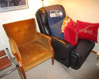 2 leather lazy boys, lots of pillows, vintage velvet chair