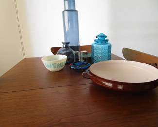 1960 Mid Century Danish Modern Stanley walnut table with 6 chairs and 2 leaves (one Captains)