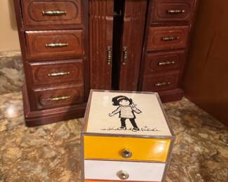 Wood jewelry box and mini colorful plastic vintage jewelry box
