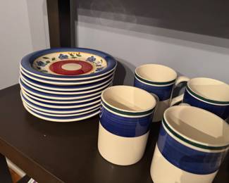 Dessert dishes and matching mugs, ceramic. Dishwasher safe. Lots more dinnerware too.