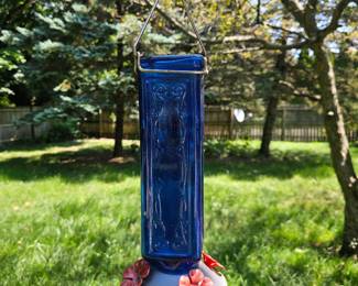 Cobalt Blue Embossed Glass Hummingbird Feeder