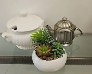 White Ceramic Tureen and SilverTone Teapot