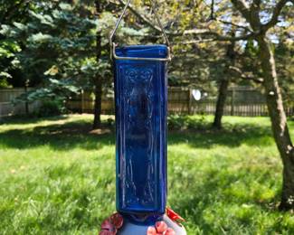 Cobalt Blue Embossed Glass Hummingbird Feeder