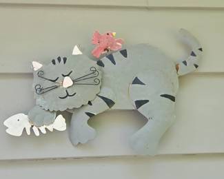 Metal Cat with Bird and Fish Wall Art