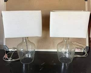 Pair of Matching Vintage Textured Glass Table Lamps with Fabric Shades