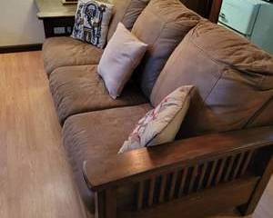 Wood Frame Sofa with Brown Cushions