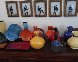 Vallenti enamel bowls, vases, Bauer/Vernon Kilns/Hollydale carafes, Tilgmans lamps circa 1960's