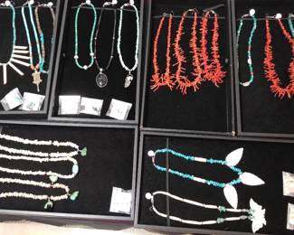 Vintage jewelry circa 1970's - 2000, all sterling silver, coral, turquoise, onyx, carved turq bear necklaces