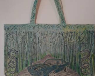 hand painted canvas bag, 1965 muscle car, End of the Road Series, signed