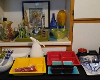 Murano glass vases, brides candy basket, Glass Eye ruffle bowl, more