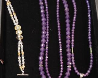 vintage crystal/glass bracelet, amethyst and quartz crystal pendants and beads, all sterling