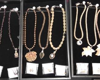 vintage jewelry, circa 1990 - 2000, garnet, fresh water pearls, citrine/smokey quartz, quartz crystal, carved mother of pearl, all sterling silver