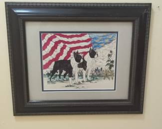 Framed Print of Boston Terriers with American Flag by K. Sams