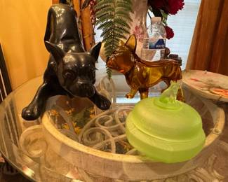 Vintage Glass Dog Figurines (Black Dog and Amber French Bulldog) with Green Cat Lidded Dish
