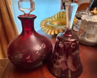 Ruby Red Cut-to-Clear Bohemian Glass Decanter and Bell with Etched Grapevine and Floral Motifs