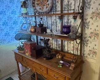 Country French Distressed Oak Sideboard with Wrought Iron Hutch