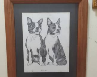 Framed Pencil Drawing of Two Boston Terriers by J Parks