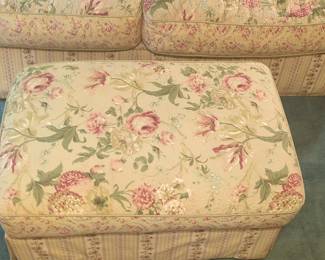 Floral Upholstered Ottoman with Striped Base
