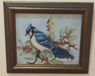 A. Streich Ceramic Blue Jay Painting