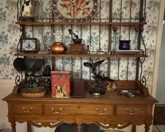 Country French Distressed Oak Sideboard with Wrought Iron Hutch