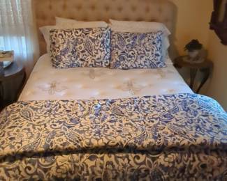 Tufted Upholstered Headboard and Blue Paisley Queen Bedding Set