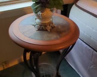 Round Inlaid Side Table with Metal Base and Lower Shelf