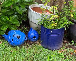 Pair of Cobalt Blue Ceramic Fish Lanterns