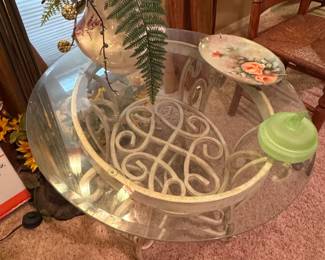 Ornate Scroll Metal and Glass Top Accent Table